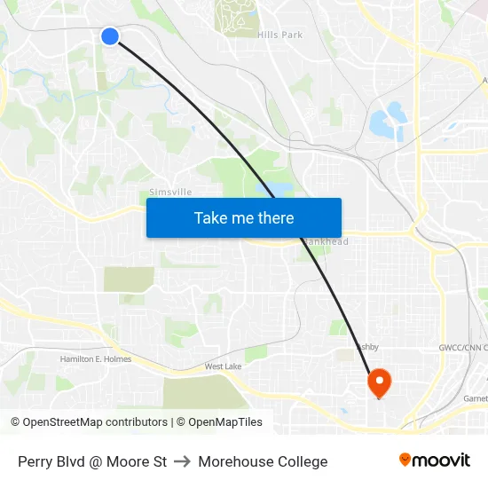 Perry Blvd @ Moore St to Morehouse College map