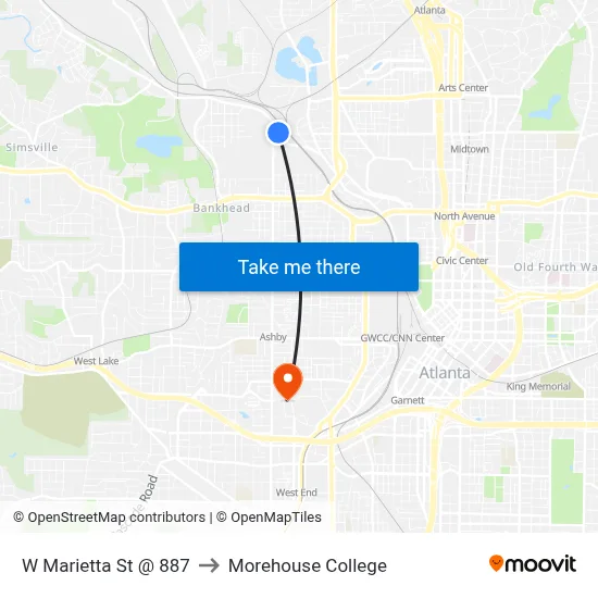 W Marietta St @ 887 to Morehouse College map