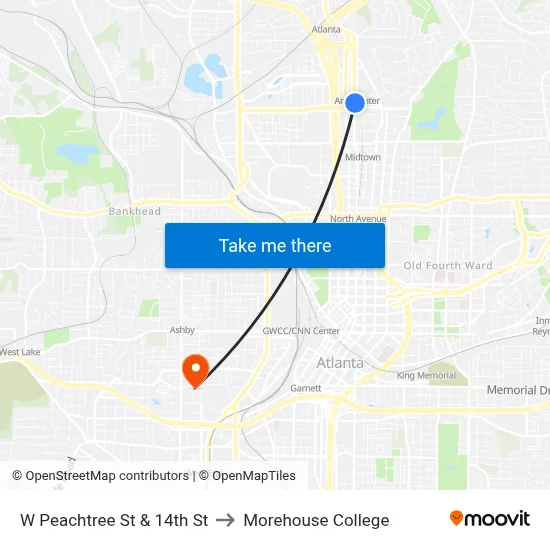 W Peachtree St & 14th St to Morehouse College map