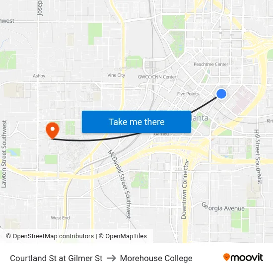 Courtland St at Gilmer St to Morehouse College map