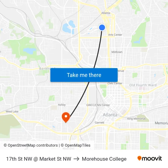17th St NW @ Market St NW to Morehouse College map