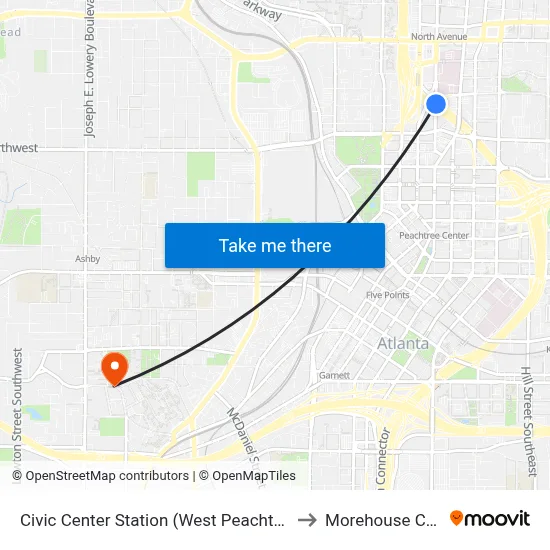 Civic Center Station (West Peachtreet Street) to Morehouse College map