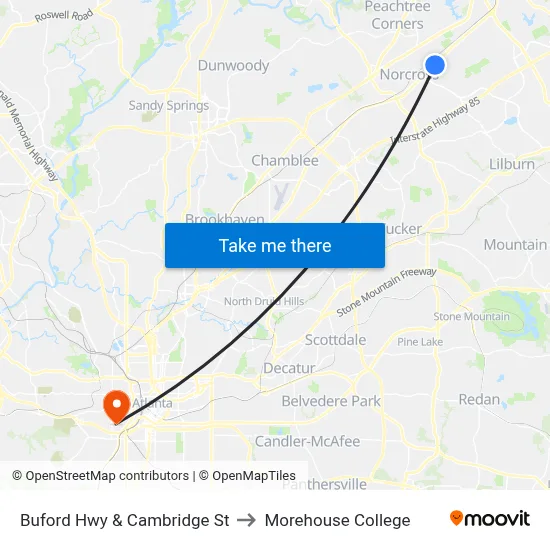 Buford Hwy & Cambridge St to Morehouse College map