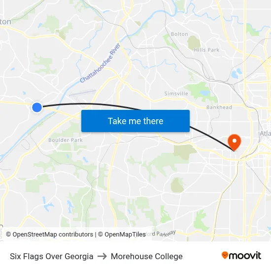 Six Flags Over Georgia to Morehouse College map