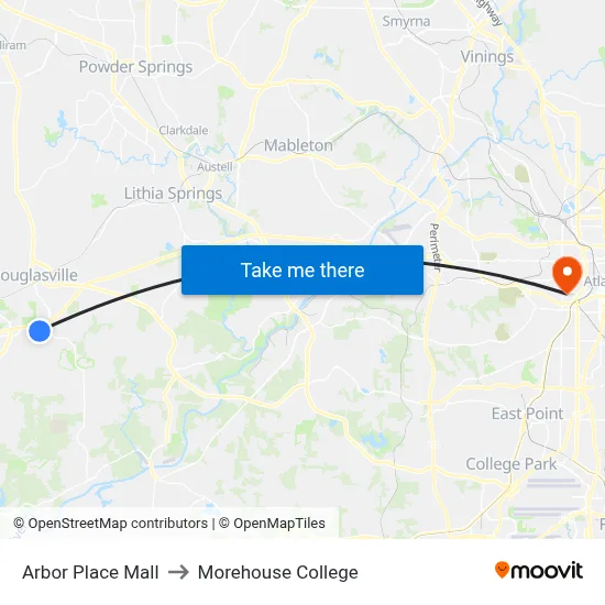 Arbor Place Mall to Morehouse College map
