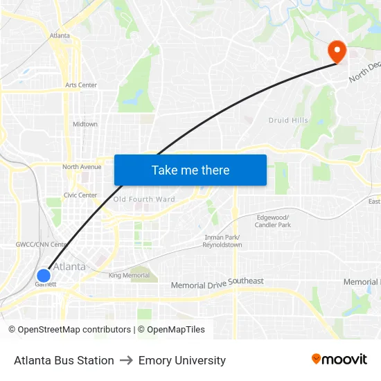 Atlanta Bus Station to Emory University map