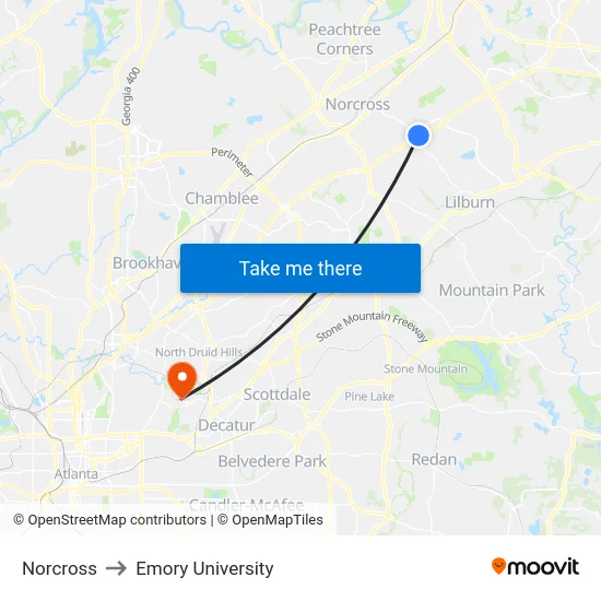 Norcross to Emory University map