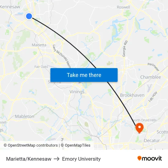 Marietta/Kennesaw to Emory University map