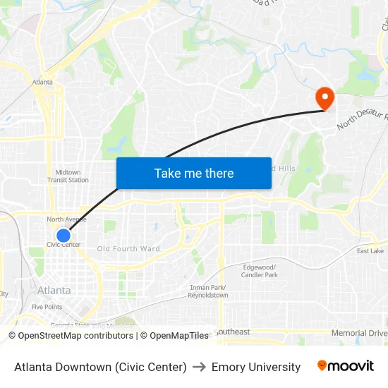 Atlanta Downtown (Civic Center) to Emory University map