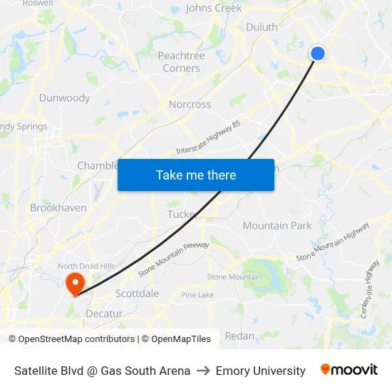 Satellite Blvd @ Gas South Arena to Emory University map
