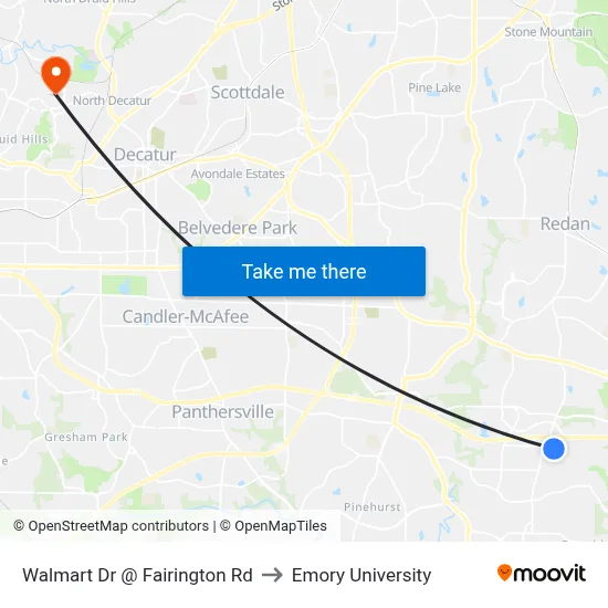 Walmart Dr @ Fairington Rd to Emory University map