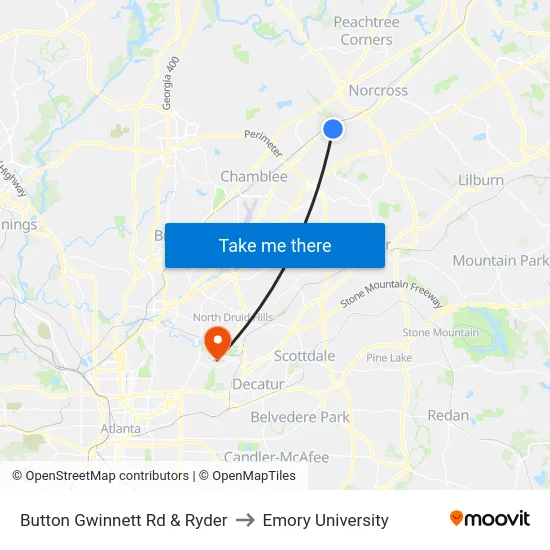 Button Gwinnett Rd & Ryder to Emory University map