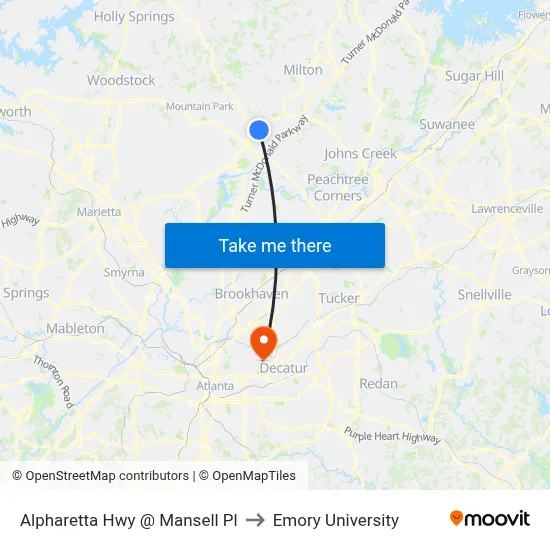 Alpharetta Hwy @ Mansell Pl to Emory University map