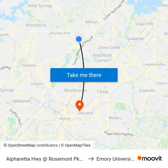Alpharetta Hwy @ Rosemont Pkwy to Emory University map