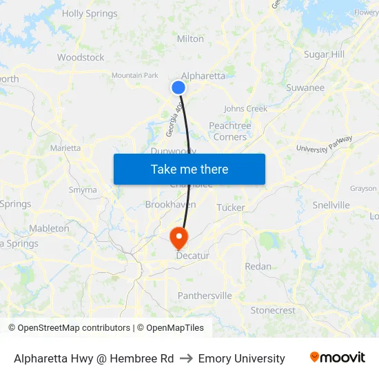 Alpharetta Hwy @ Hembree Rd to Emory University map