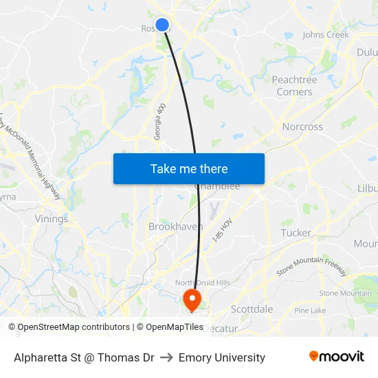 Alpharetta St @ Thomas Dr to Emory University map