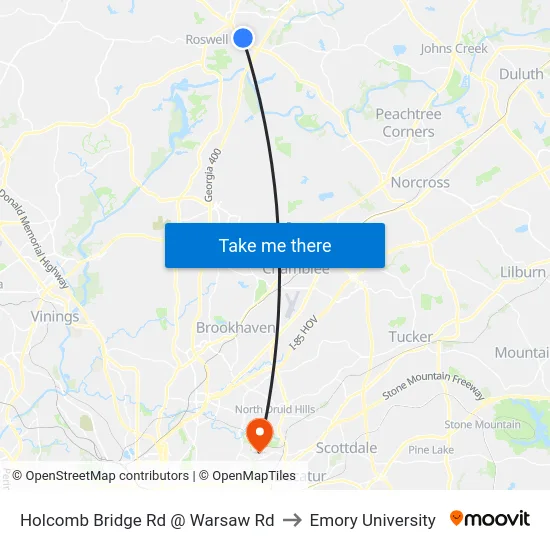 Holcomb Bridge Rd @ Warsaw Rd to Emory University map