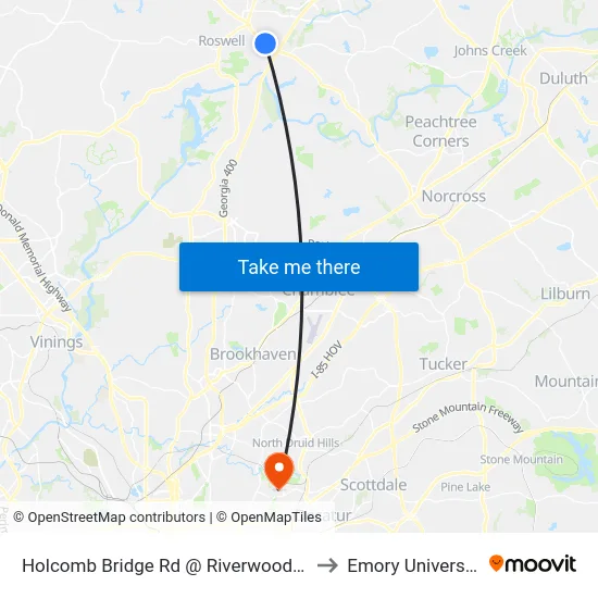Holcomb Bridge Rd @ Riverwood Ln to Emory University map