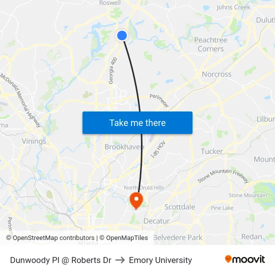 Dunwoody Pl @ Roberts Dr to Emory University map