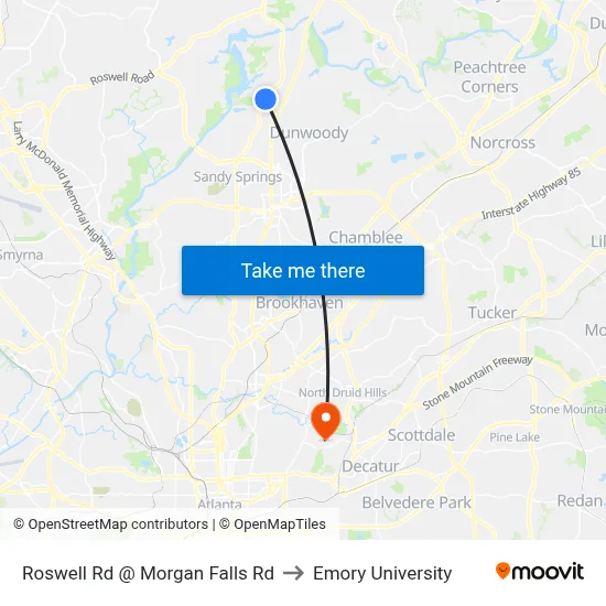 Roswell Rd @ Morgan Falls Rd to Emory University map