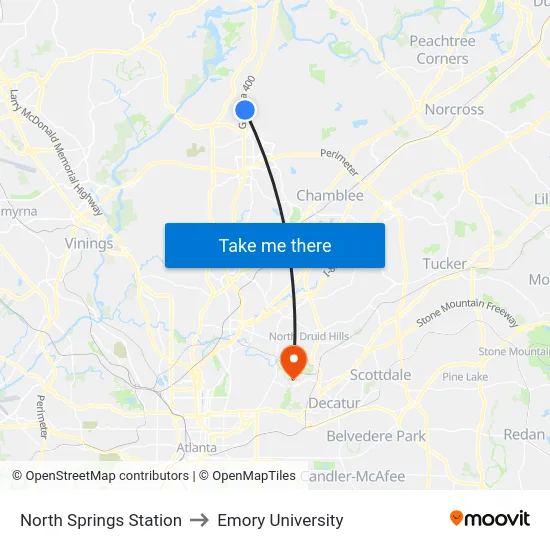 North Springs Station to Emory University map