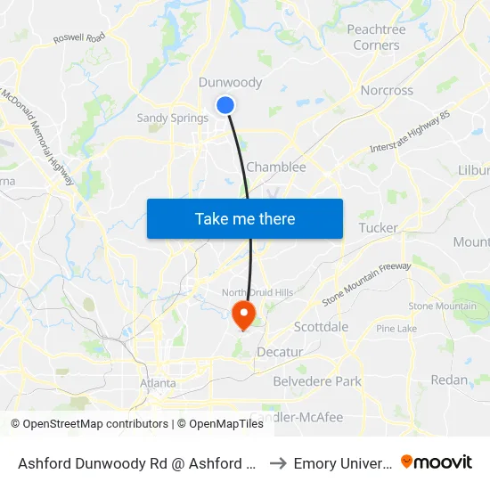 Ashford Dunwoody Rd @ Ashford Gables to Emory University map