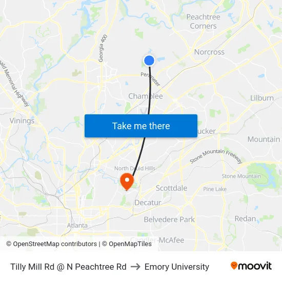 Tilly Mill Rd @ N Peachtree Rd to Emory University map
