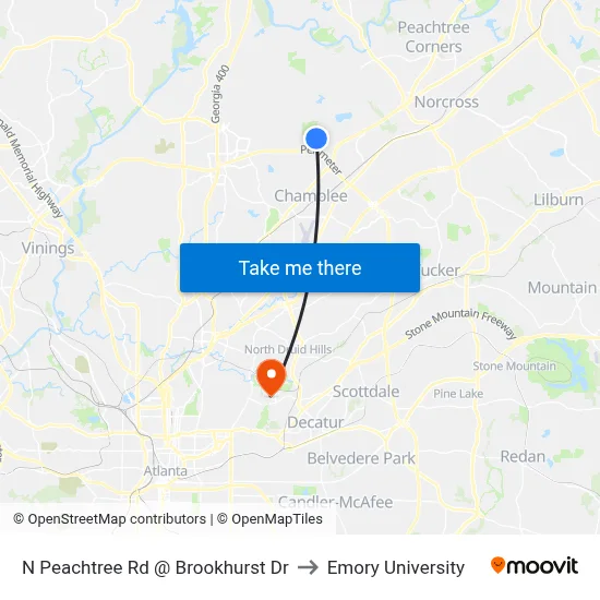 N Peachtree Rd @ Brookhurst Dr to Emory University map