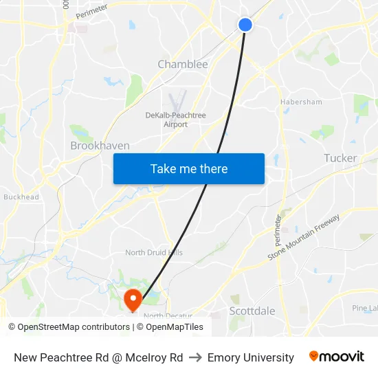 New Peachtree Rd @ Mcelroy Rd to Emory University map