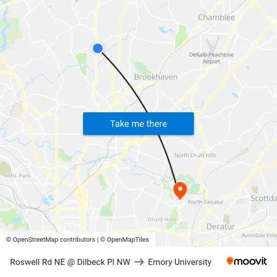 Roswell Rd NE @ Dilbeck Pl NW to Emory University map