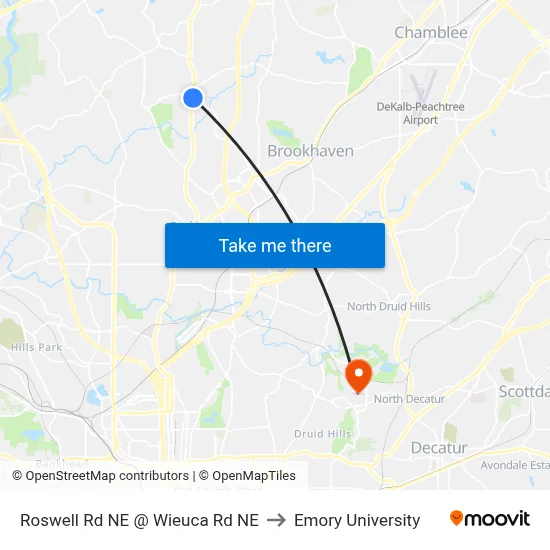 Roswell Rd NE @ Wieuca Rd NE to Emory University map