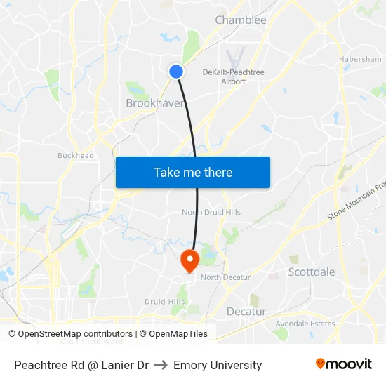 Peachtree Rd @ Lanier Dr to Emory University map