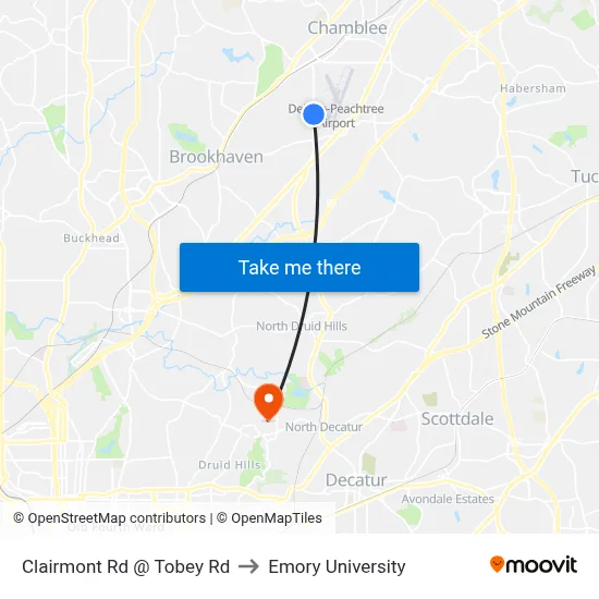 Clairmont Rd @ Tobey Rd to Emory University map