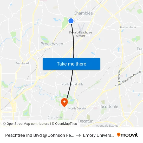 Peachtree Ind Blvd @ Johnson Ferry to Emory University map