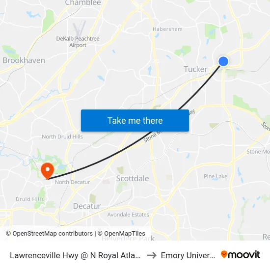 Lawrenceville Hwy @ N Royal Atlanta Dr to Emory University map