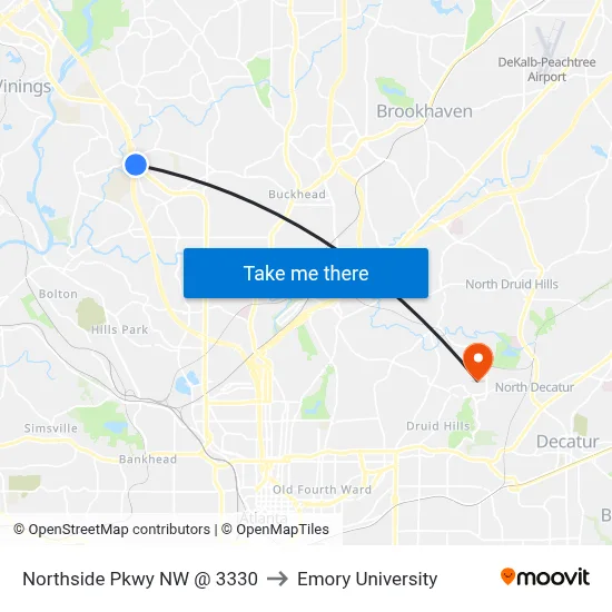 Northside Pkwy NW @ 3330 to Emory University map