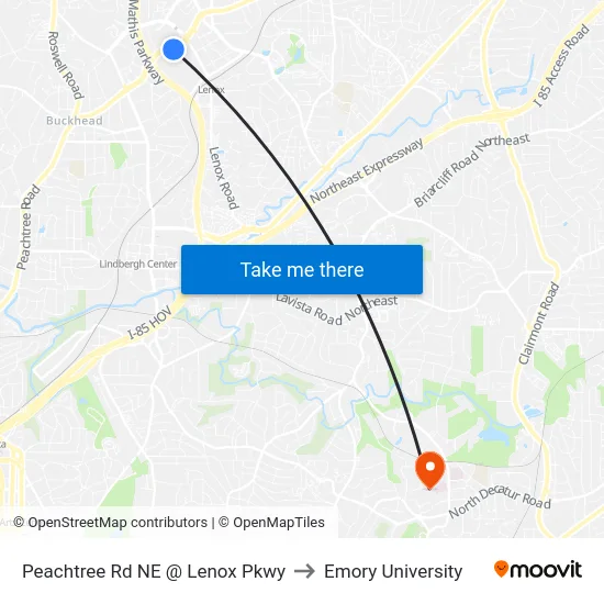 Peachtree Rd NE @ Lenox Pkwy to Emory University map