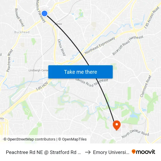 Peachtree Rd NE @ Stratford Rd NE to Emory University map