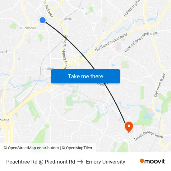 Peachtree Rd @ Piedmont Rd to Emory University map