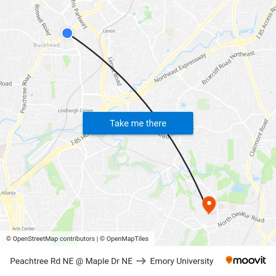 Peachtree Rd NE @ Maple Dr NE to Emory University map