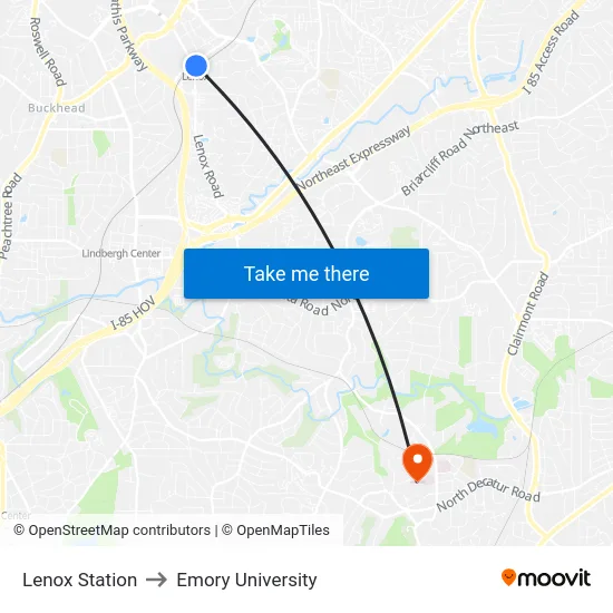 Lenox Station to Emory University map