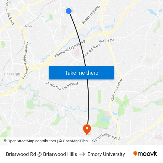 Briarwood Rd @ Briarwood Hills to Emory University map