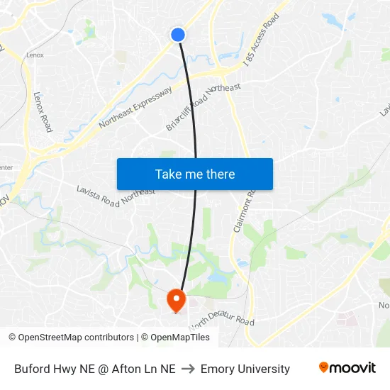 Buford Hwy NE @ Afton Ln NE to Emory University map