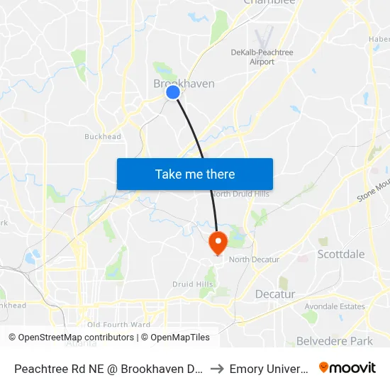 Peachtree Rd NE @ Brookhaven Dr NE to Emory University map