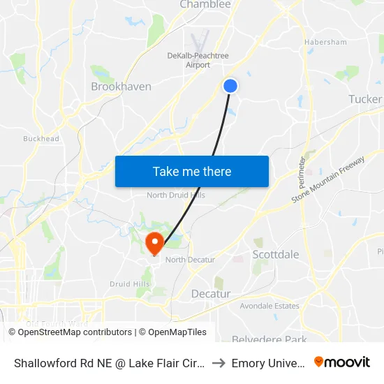 Shallowford Rd NE @ Lake Flair Cir NE (N) to Emory University map