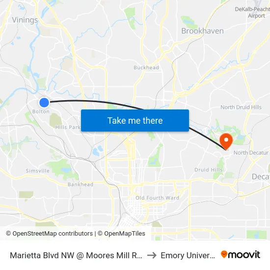 Marietta Blvd NW @ Moores Mill Rd NW to Emory University map