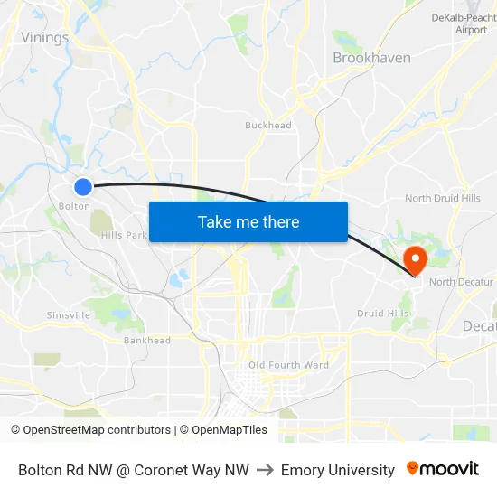 Bolton Rd NW @ Coronet Way NW to Emory University map
