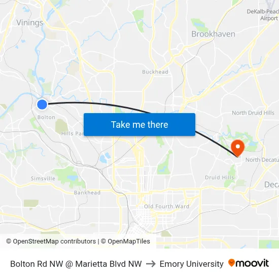 Bolton Rd NW @ Marietta Blvd NW to Emory University map