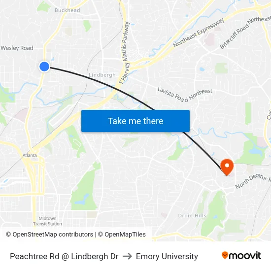 Peachtree Rd @ Lindbergh Dr to Emory University map