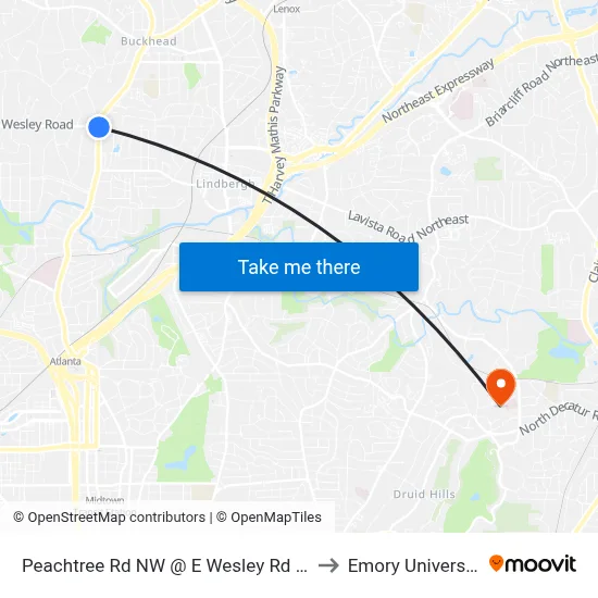 Peachtree Rd NW @ E Wesley Rd NE to Emory University map